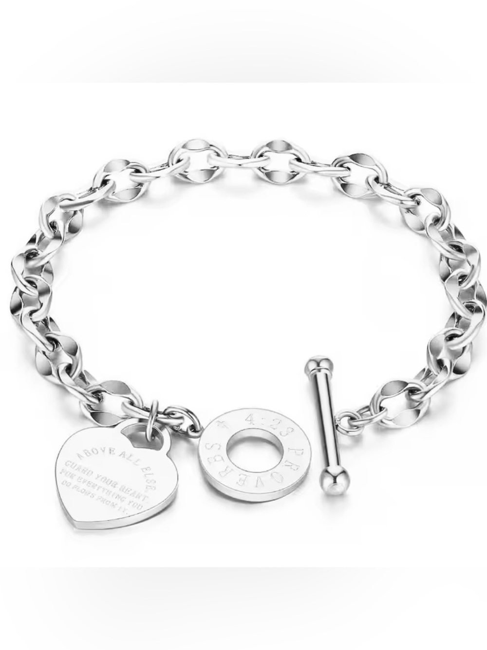 Proverbs 4:23 Silver Stainless Steel Heart Bracelet - Picture 5 of 5